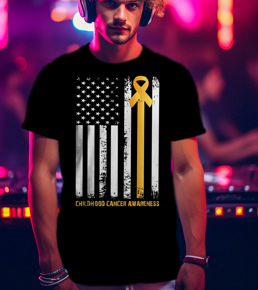 Childhood Cancer Awareness Gold Ribbon American Flag T-Shirt