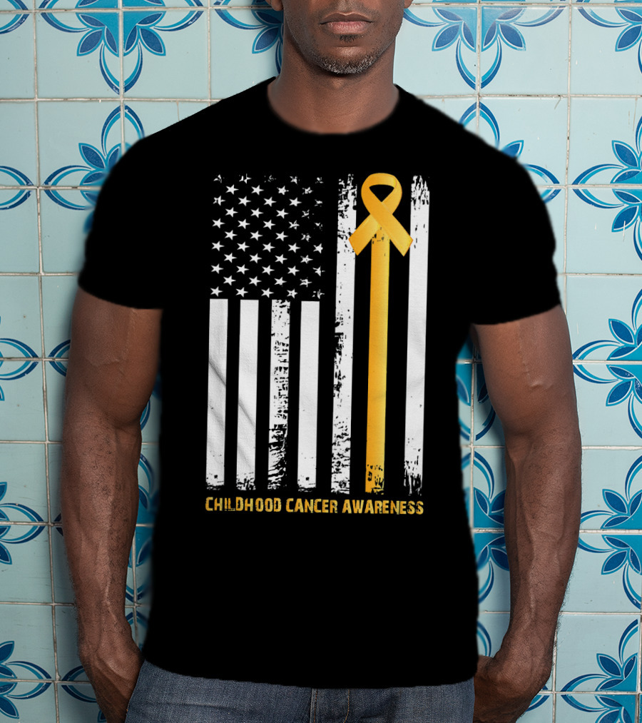 Childhood Cancer Awareness Gold Ribbon American Flag T-Shirt