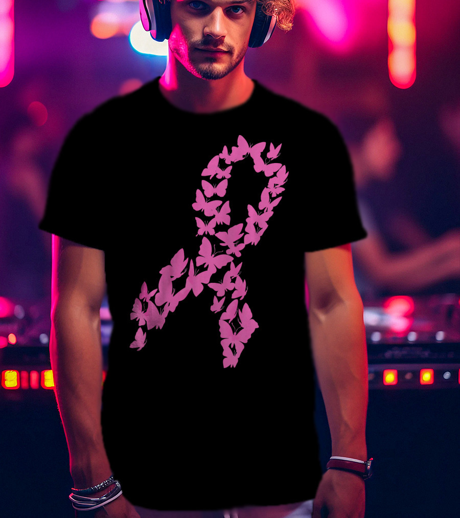 Pink Ribbon Butterfly Awareness Breast Cancer Cute T-Shirt