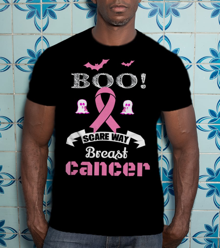 BOO Scare Away Breast Cancer Pink Ribbon Bats Ghosts T-Shirt