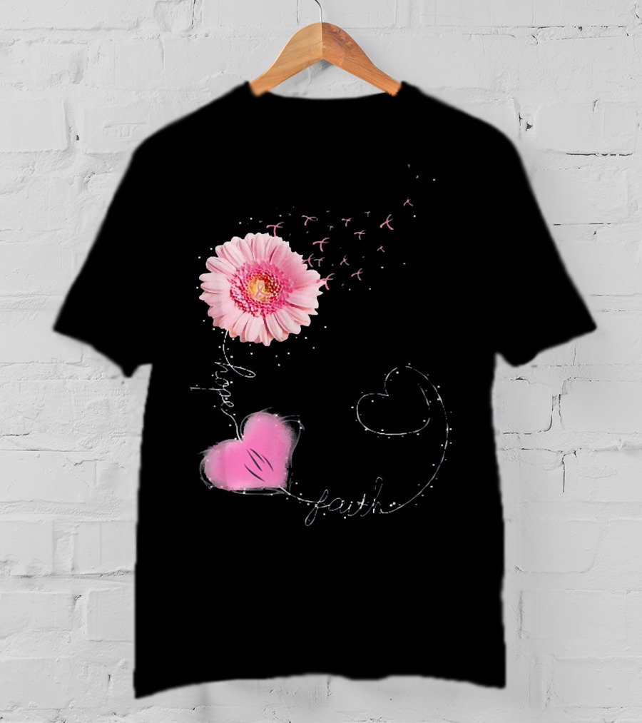Hope Faith Pink Flower Hearts Breast Cancer Awareness T-Shirt