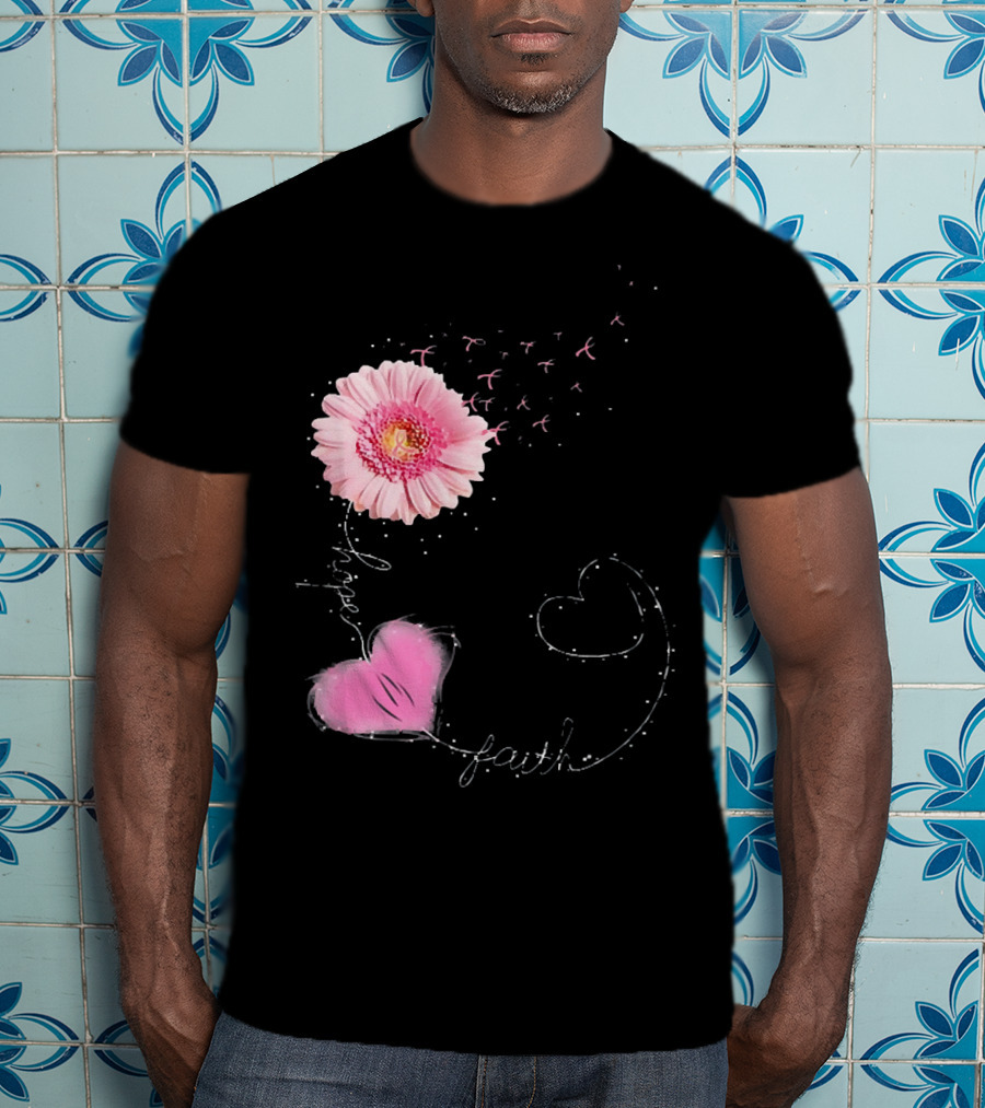Hope Faith Pink Flower Hearts Breast Cancer Awareness T-Shirt
