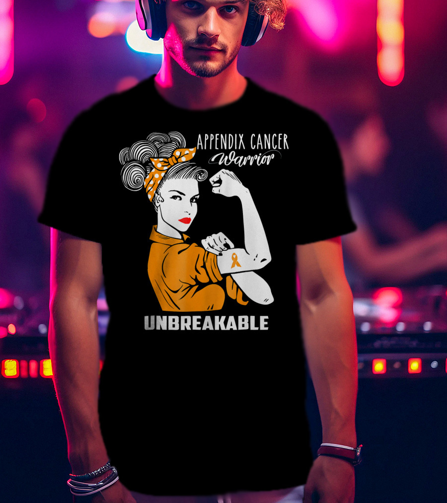 Appendix Cancer Warrior Unbreakable Awareness Ribbon Rosie The Riveter T-Shirt