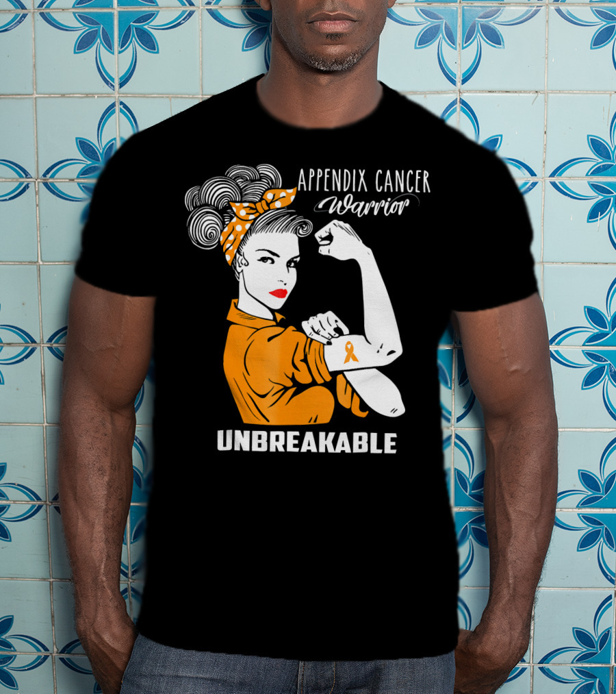 Appendix Cancer Warrior Unbreakable Awareness Ribbon Rosie The Riveter T-Shirt
