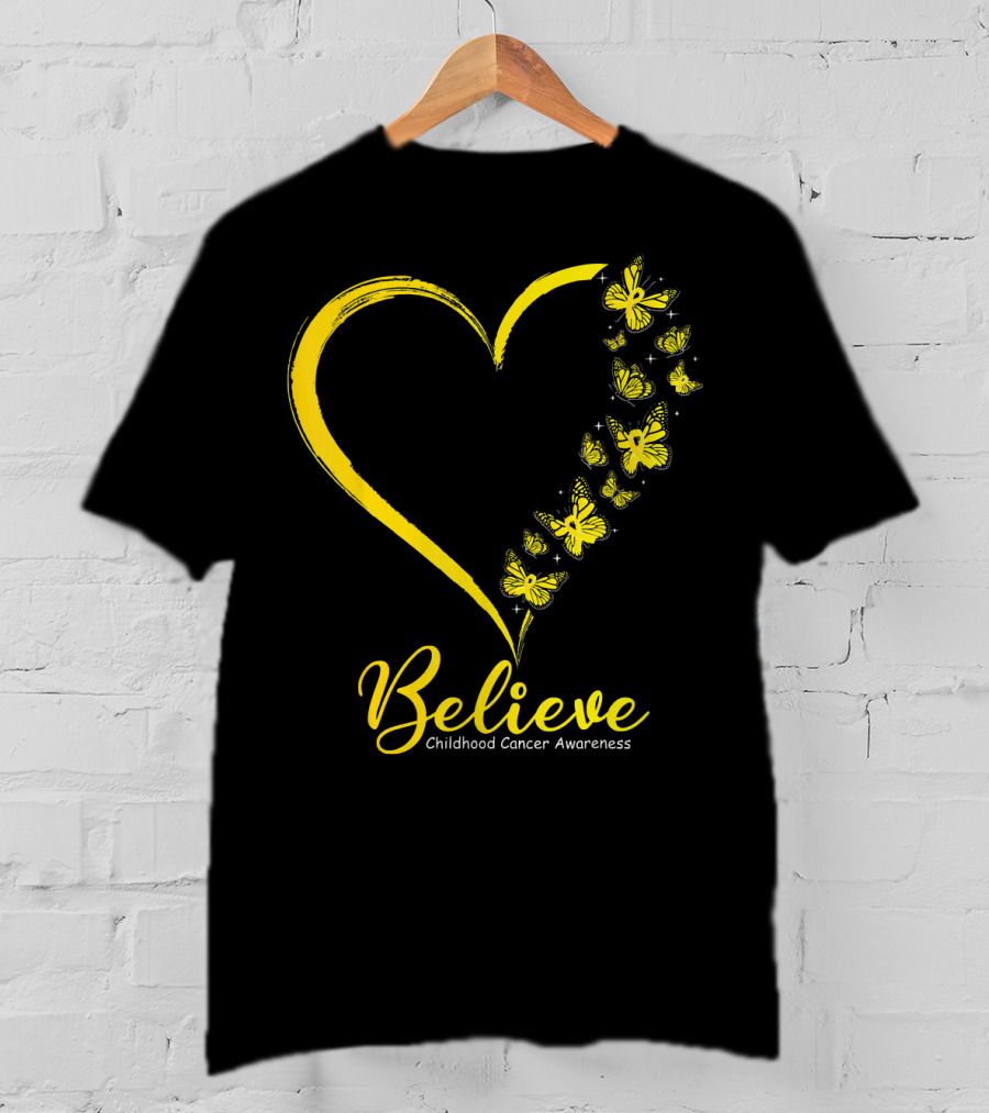Believe Butterfly Heart Childhood Cancer Awareness T-Shirt