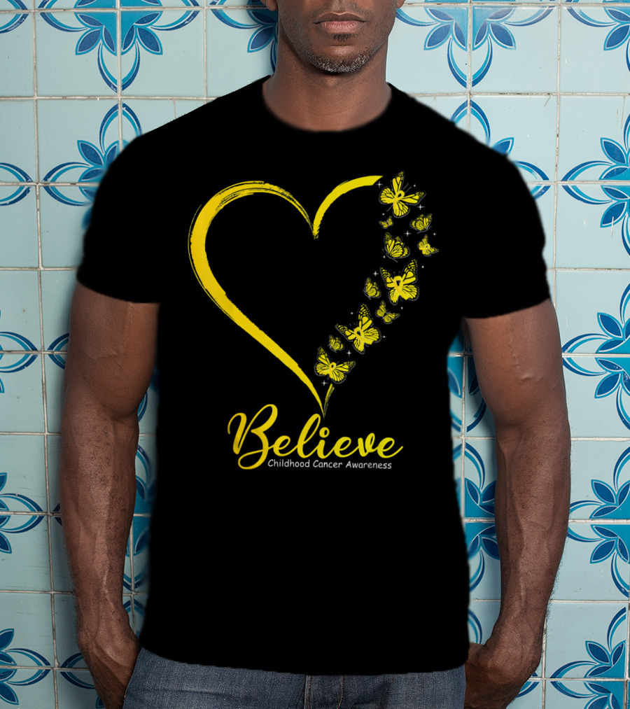 Believe Butterfly Heart Childhood Cancer Awareness T-Shirt