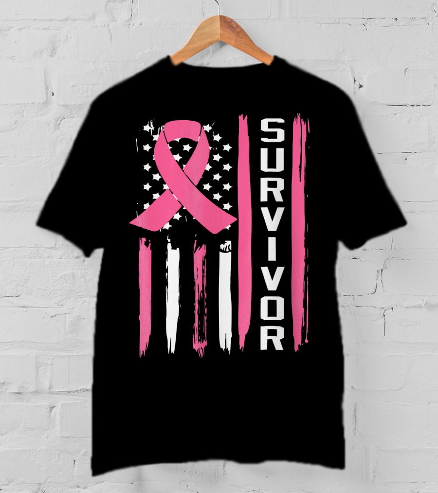 Survivor Breast Cancer Ribbon American Flag T-Shirt