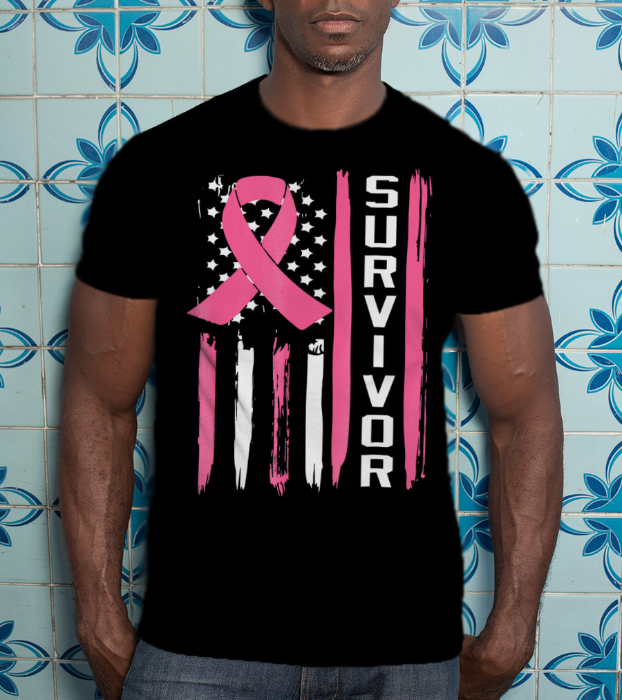 Survivor Breast Cancer Ribbon American Flag T-Shirt