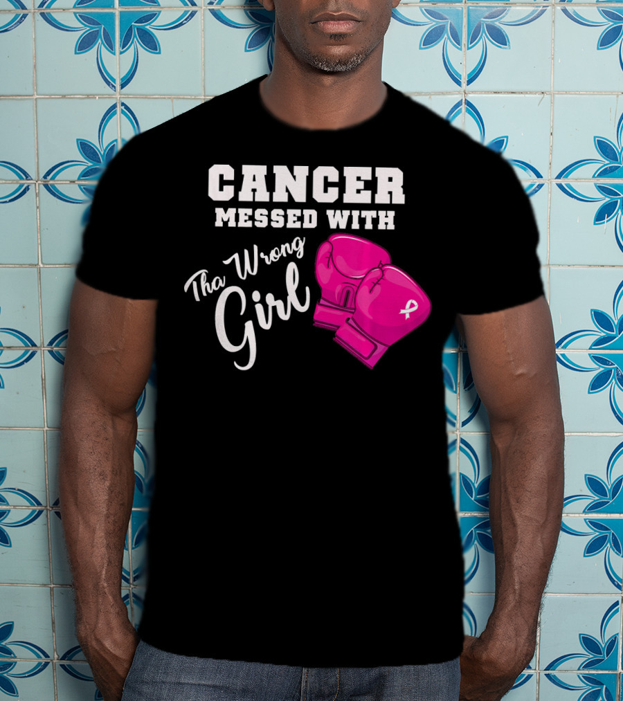 Cancer Messed With The Wrong Girl Boxing Gloves Breast Cancer Awareness T-Shirt