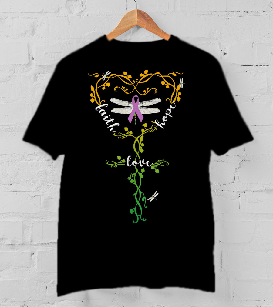 Faith Hope Love Pancreatic Cancer Dragonfly Awareness T-Shirt