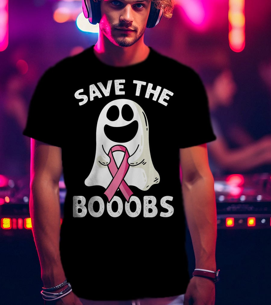 Save The Boooobs Funny Ghost Pink Ribbon Breast Cancer Awareness T-Shirt