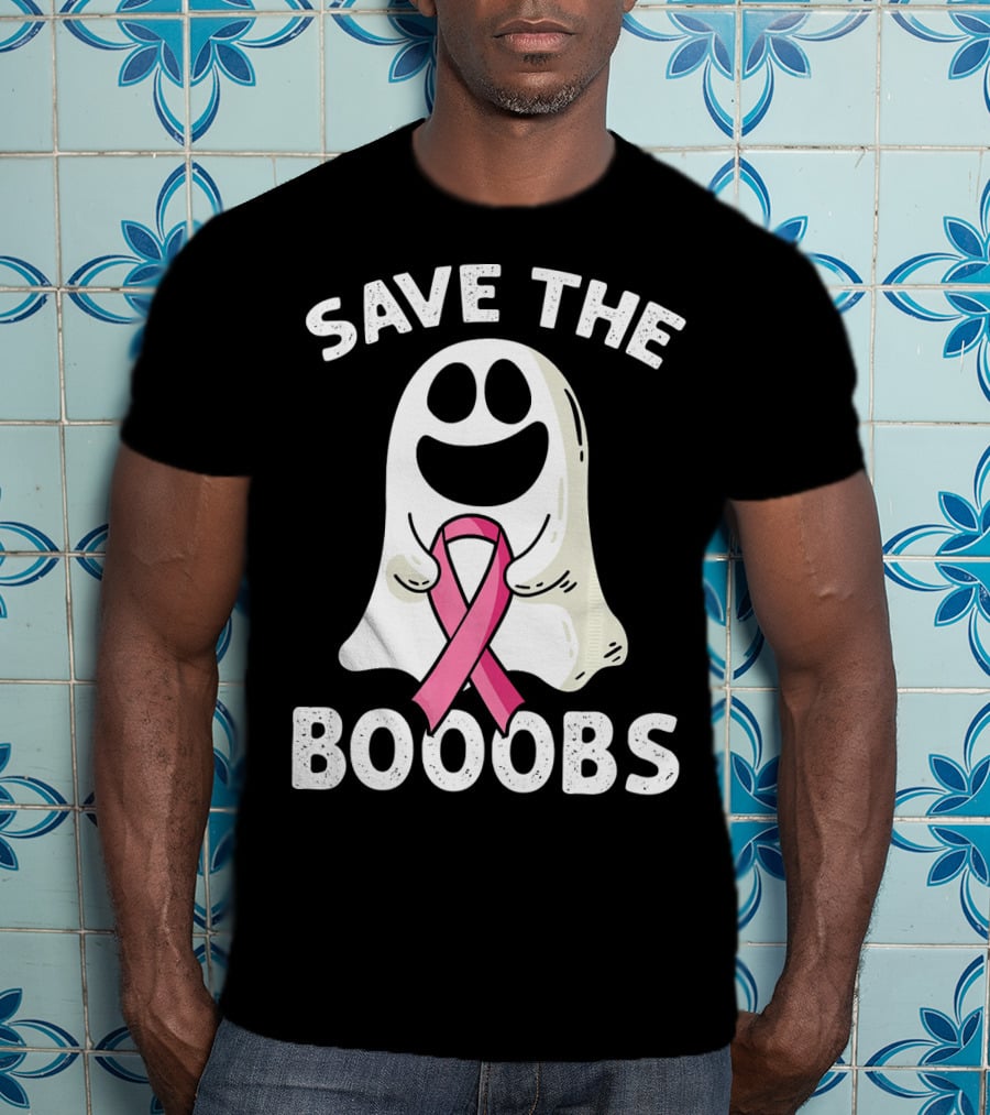 Save The Boooobs Funny Ghost Pink Ribbon Breast Cancer Awareness T-Shirt