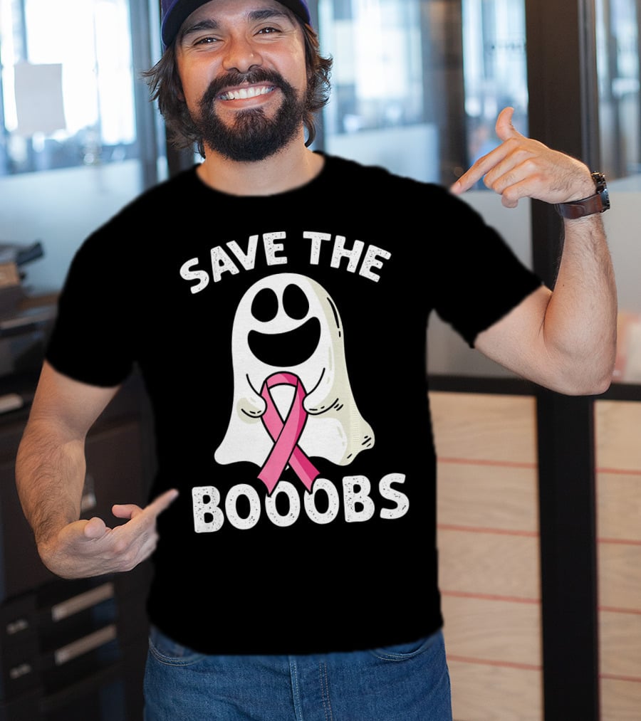 Save The Boooobs Funny Ghost Pink Ribbon Breast Cancer Awareness T-Shirt