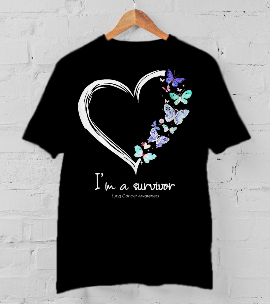 I'm A Survivor Lung Cancer Awareness Heart With Butterflies T-Shirt
