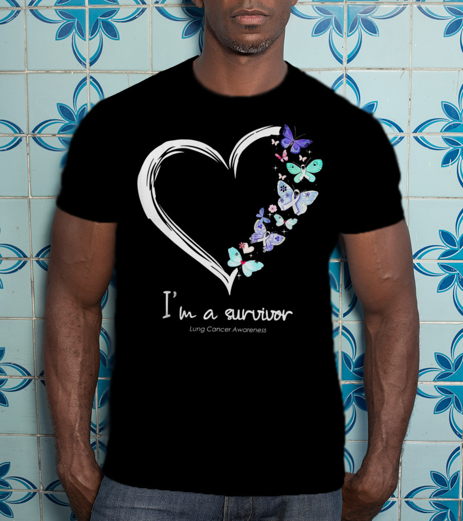 I'm A Survivor Lung Cancer Awareness Heart With Butterflies T-Shirt