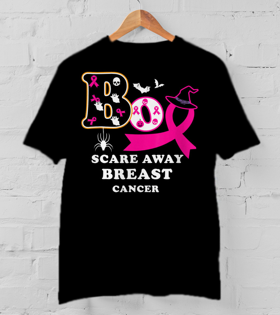 Halloween Boo With Pink Ribbon Scare Away Breast Cancer T-Shirt