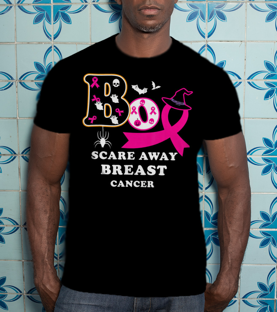 Halloween Boo With Pink Ribbon Scare Away Breast Cancer T-Shirt
