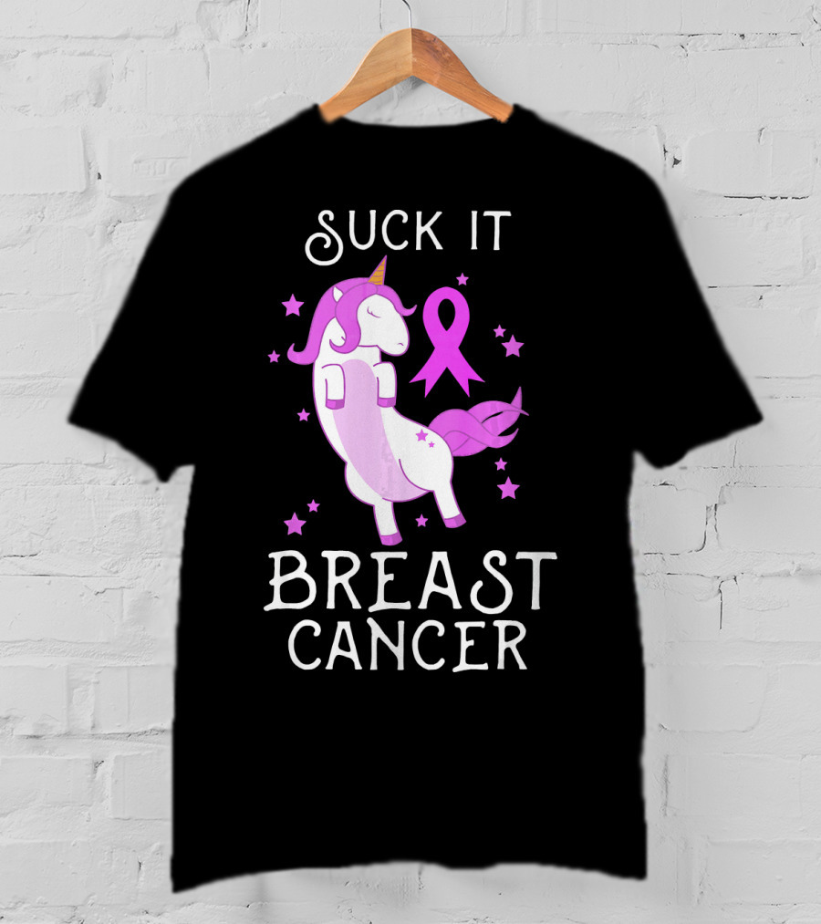 Suck It Breast Cancer Unicorn Awareness Ribbon Stars T-Shirt