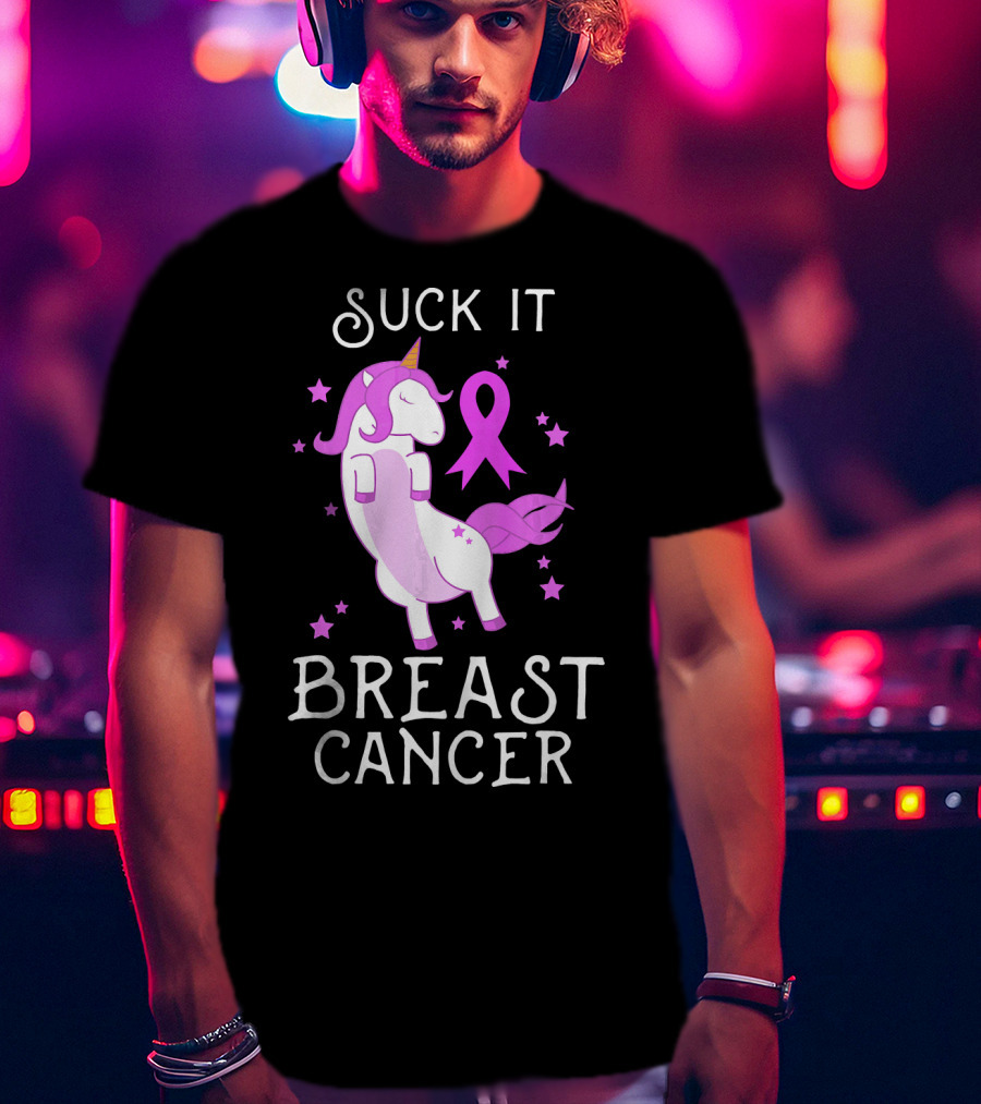 Suck It Breast Cancer Unicorn Awareness Ribbon Stars T-Shirt