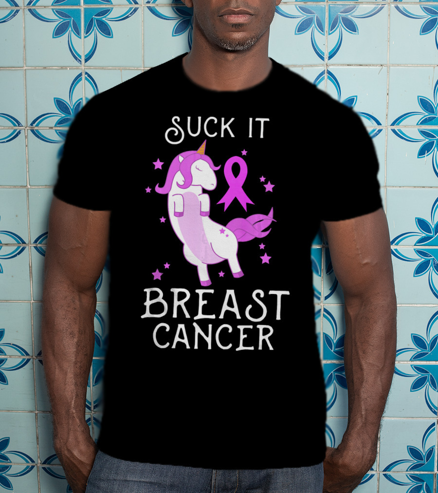 Suck It Breast Cancer Unicorn Awareness Ribbon Stars T-Shirt