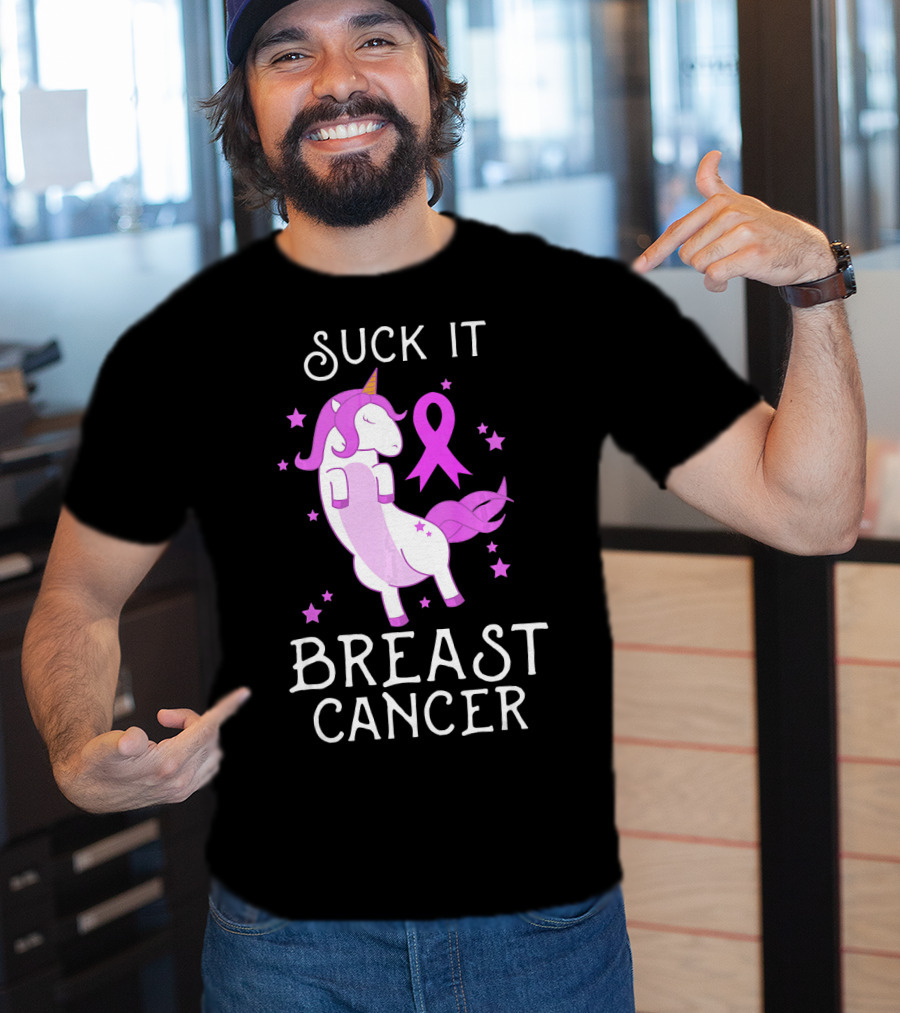 Suck It Breast Cancer Unicorn Awareness Ribbon Stars T-Shirt