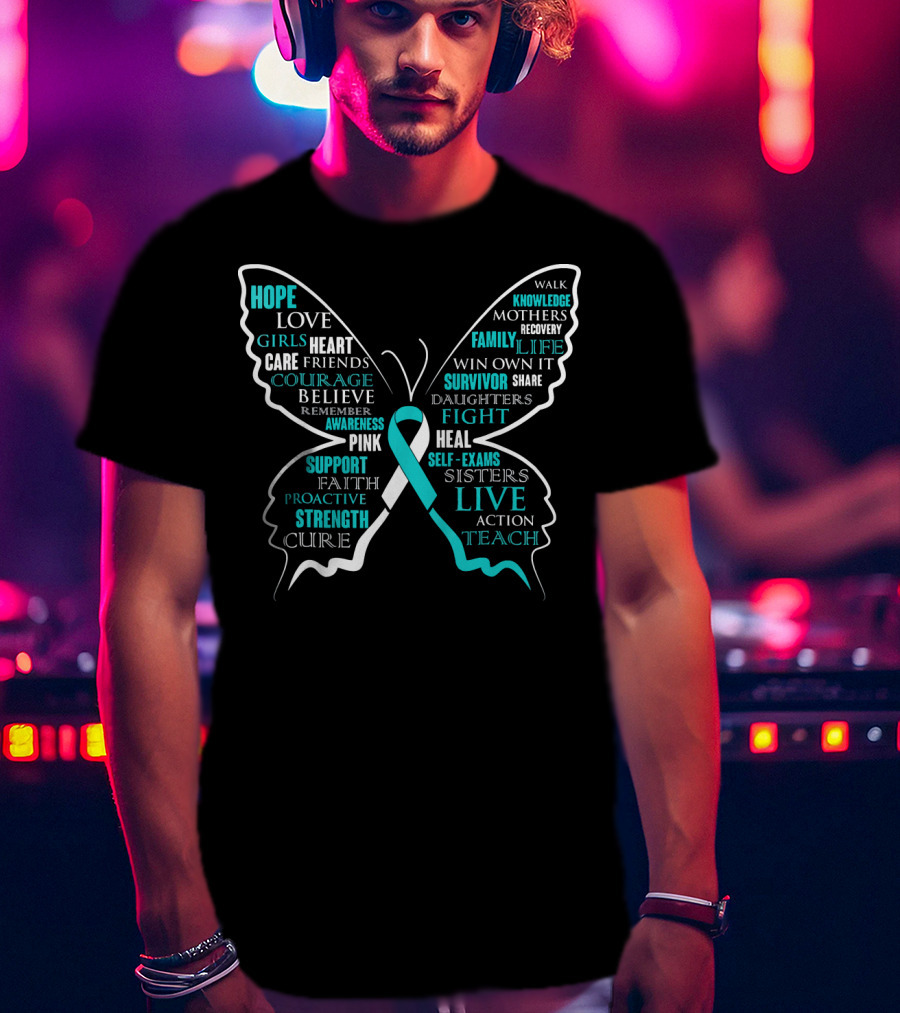 Hope Faith Courage Love Butterfly Cervical Cancer Awareness T-Shirt