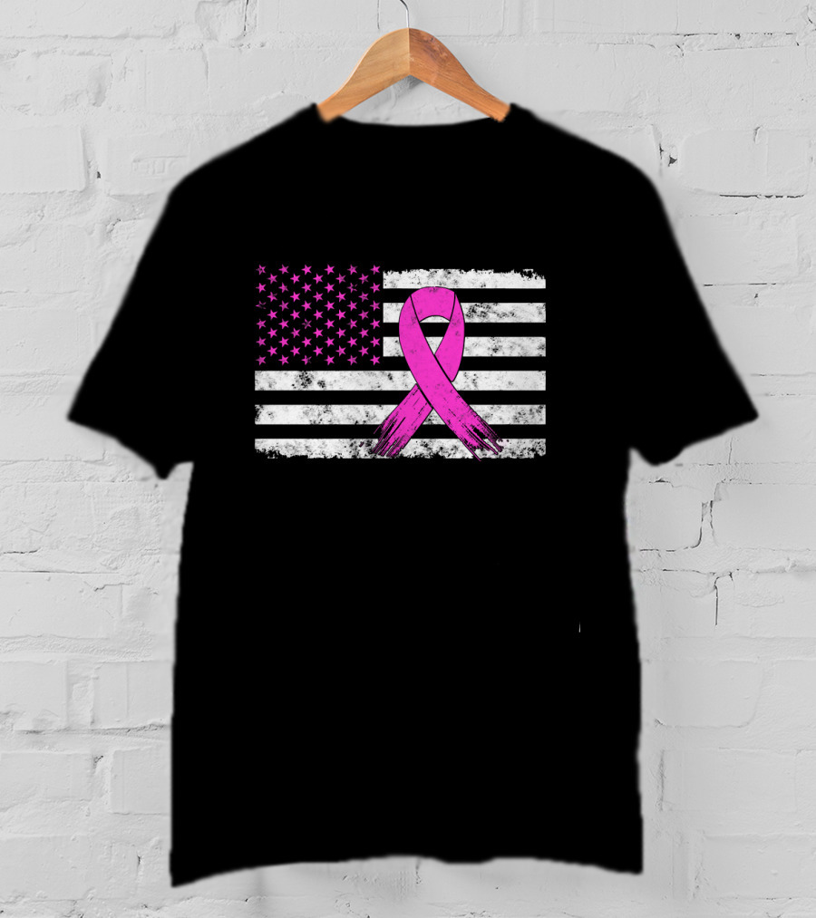 Distressed Pink Ribbon Breast Cancer Awareness American Flag T-Shirt