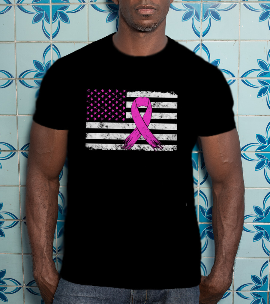 Distressed Pink Ribbon Breast Cancer Awareness American Flag T-Shirt