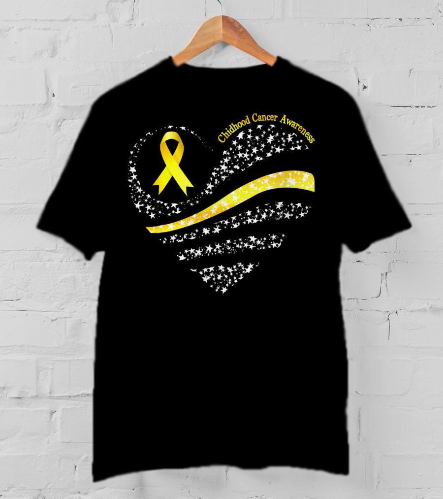 Childhood Cancer Awareness Heart Gold Ribbon American Flag T-Shirt