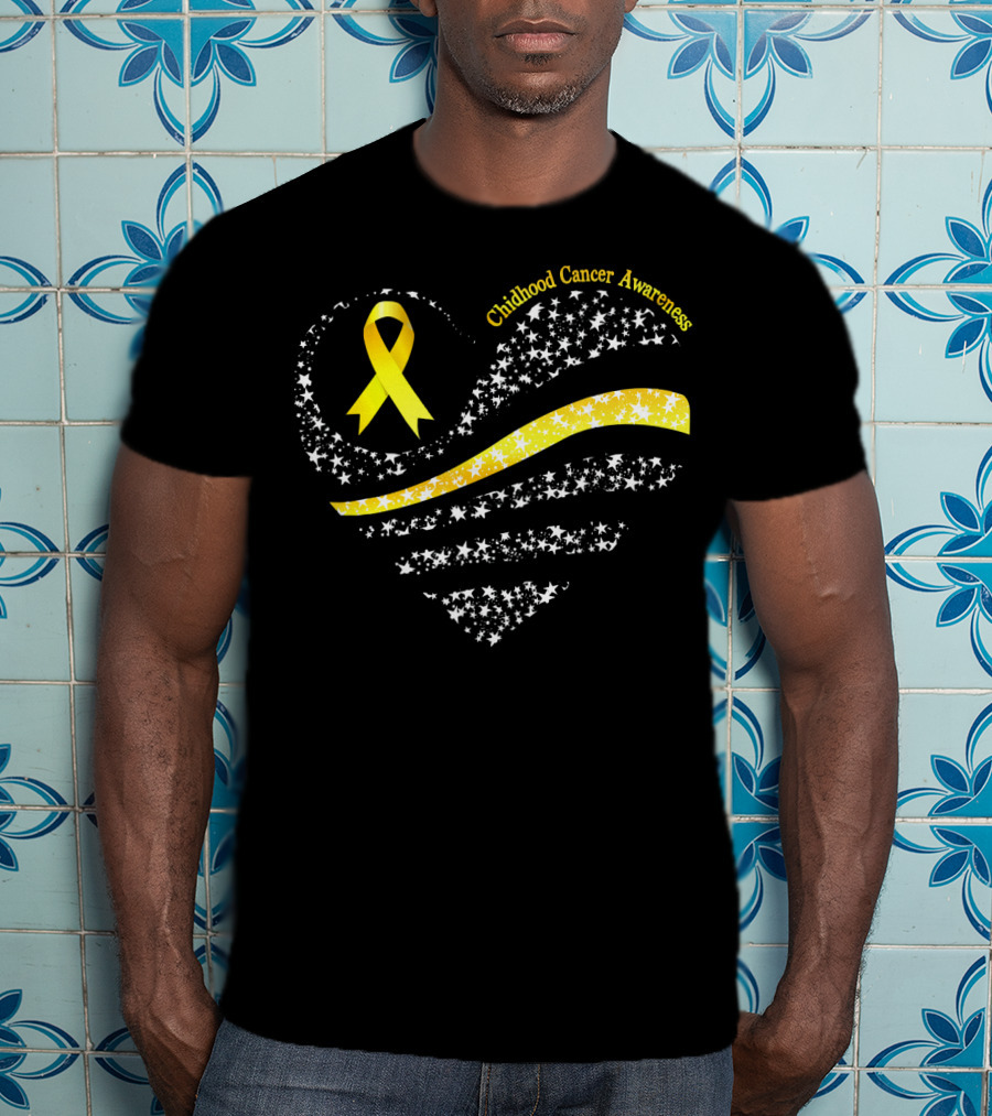 Childhood Cancer Awareness Heart Gold Ribbon American Flag T-Shirt
