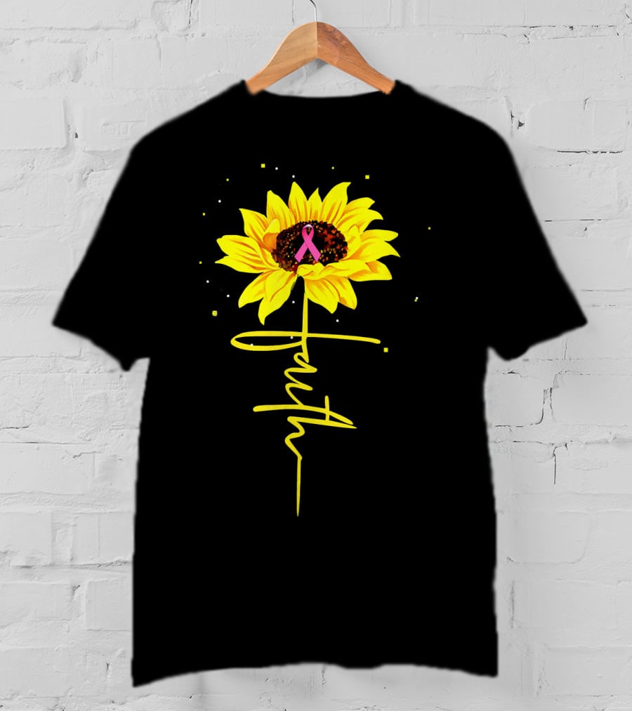 Faith Sunflower Pink Ribbon Breast Cancer Awareness T-Shirt
