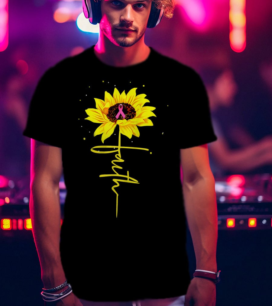 Faith Sunflower Pink Ribbon Breast Cancer Awareness T-Shirt
