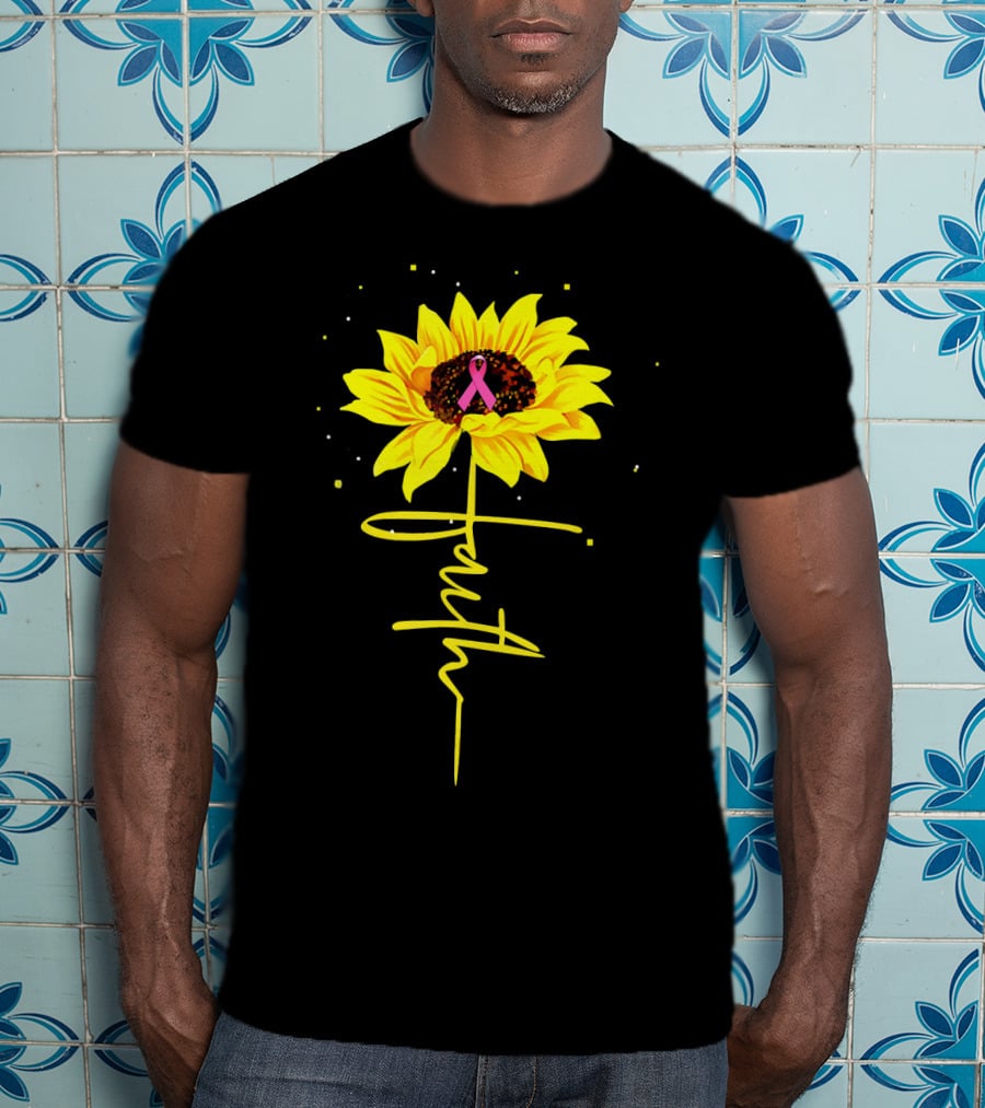 Faith Sunflower Pink Ribbon Breast Cancer Awareness T-Shirt