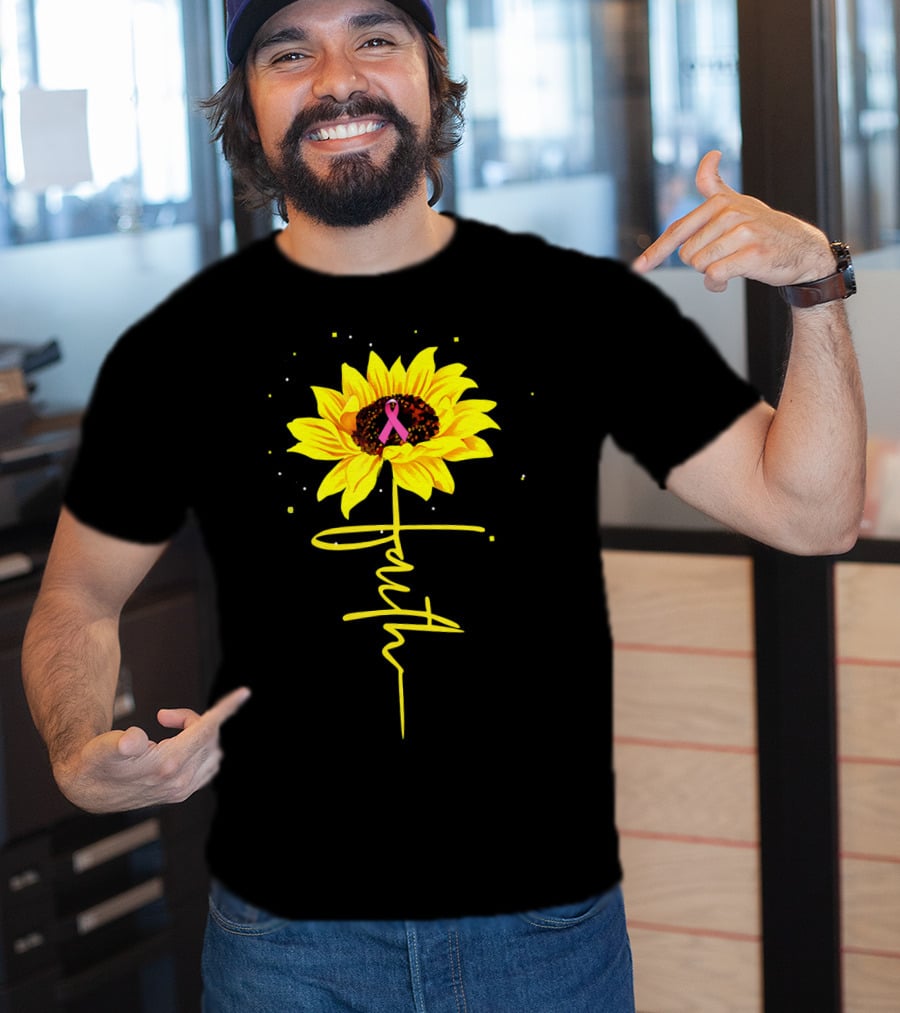 Faith Sunflower Pink Ribbon Breast Cancer Awareness T-Shirt