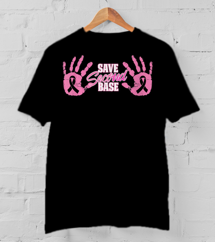 Save Second Base Pink Handprints Breast Cancer Awareness October Warrior T-Shirt