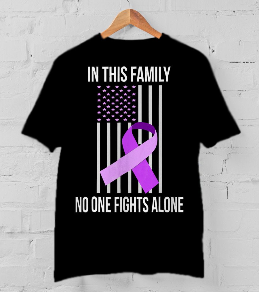 In This Family No One Fights Alone USA Flag Purple Ribbon Pancreatic Cancer T-Shirt