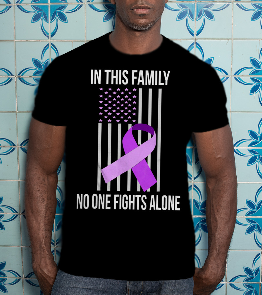 In This Family No One Fights Alone USA Flag Purple Ribbon Pancreatic Cancer T-Shirt