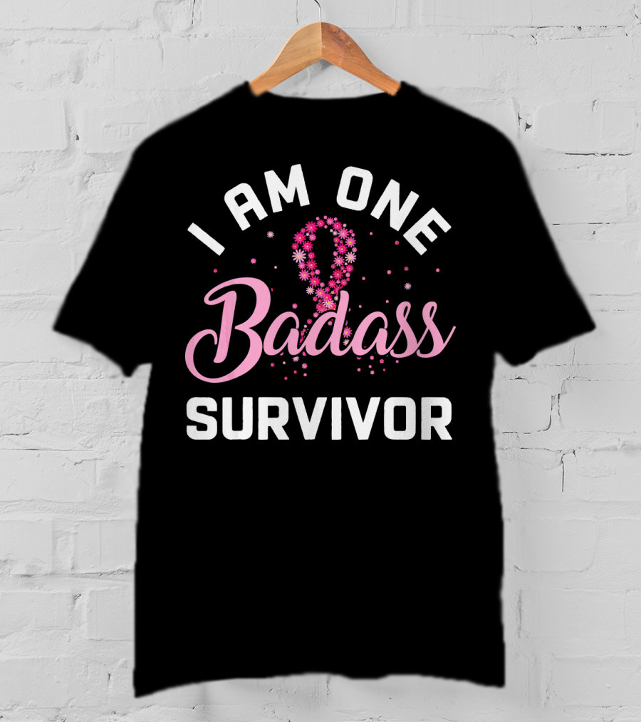I Am One Badass Survivor Breast Cancer Ribbon Floral T-Shirt