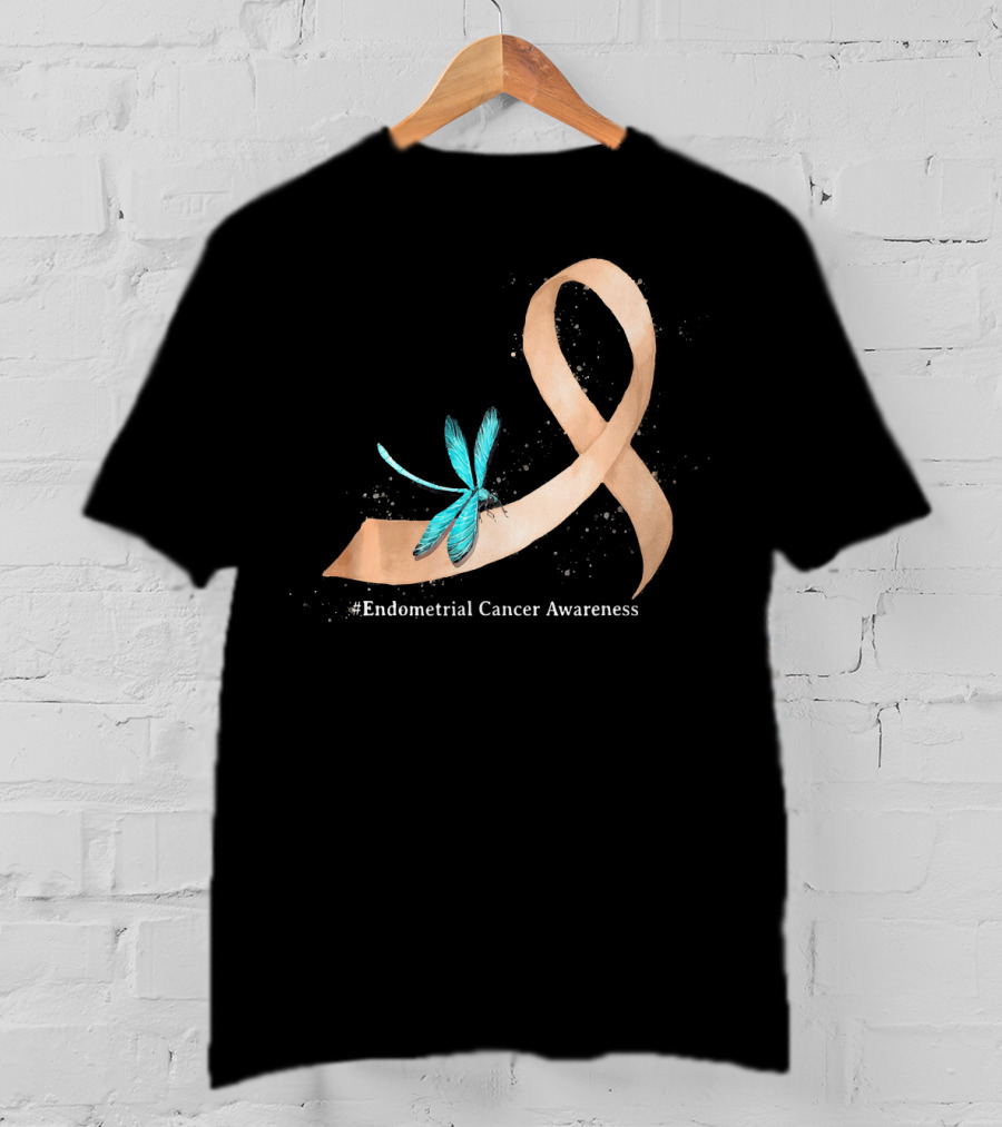Hippie Dragonfly Peach Ribbon #Endometrial Cancer Awareness T-Shirt