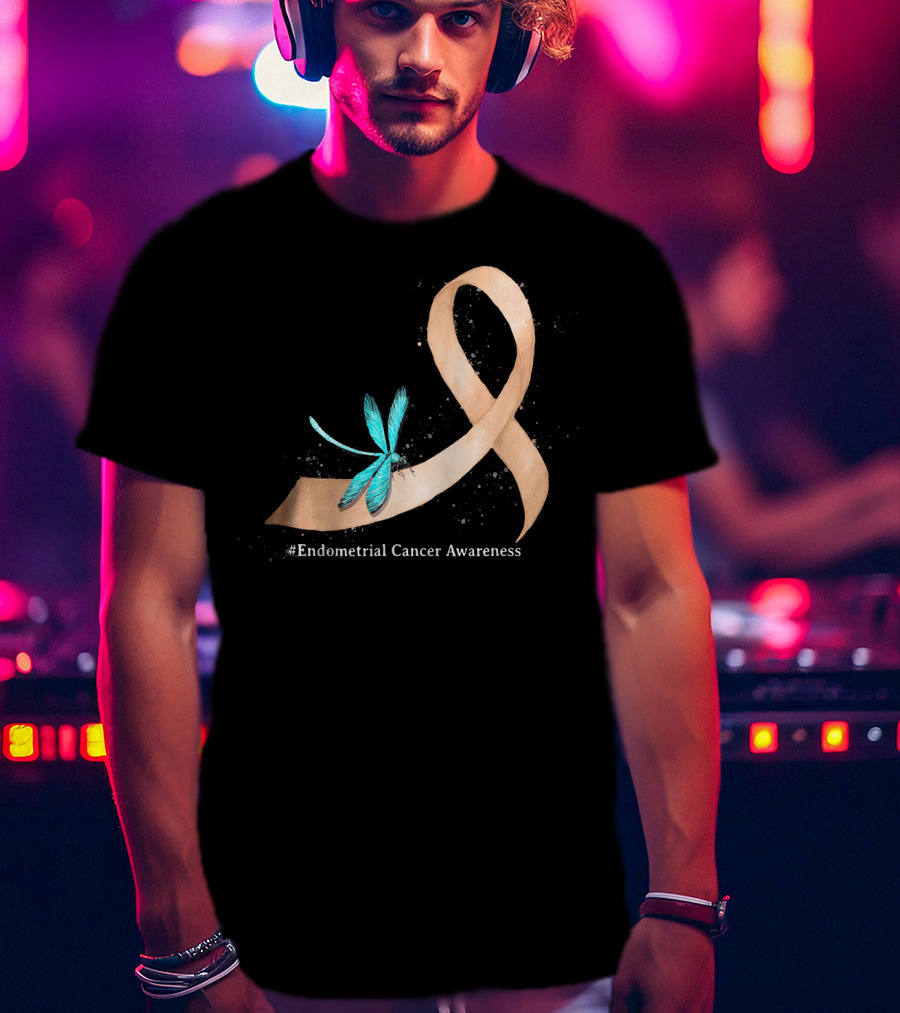 Hippie Dragonfly Peach Ribbon #Endometrial Cancer Awareness T-Shirt