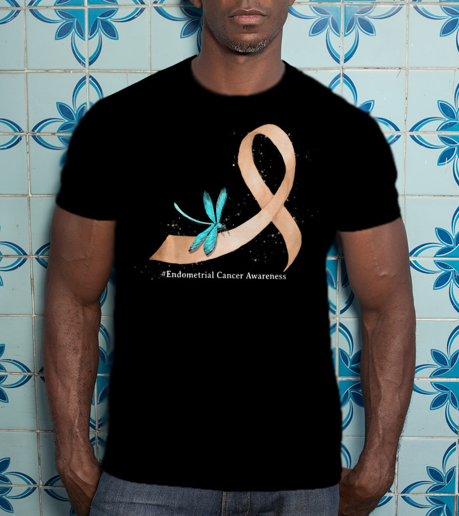 Hippie Dragonfly Peach Ribbon #Endometrial Cancer Awareness T-Shirt