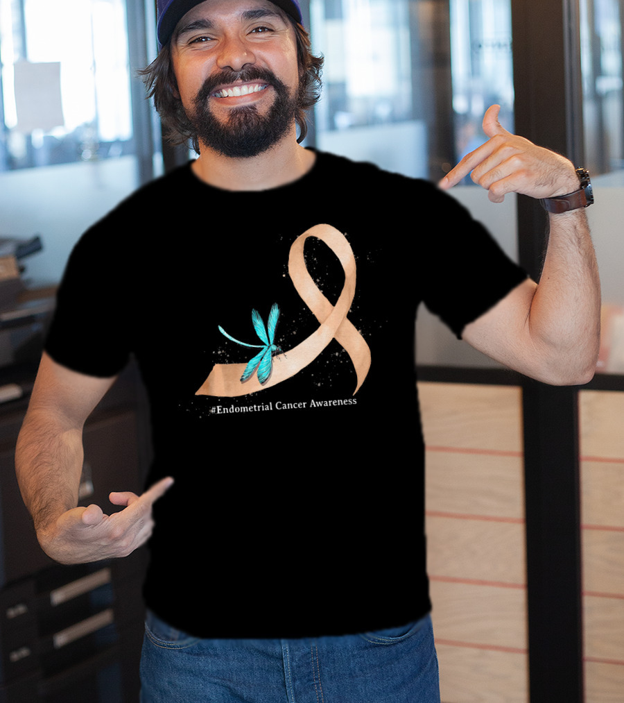 Hippie Dragonfly Peach Ribbon #Endometrial Cancer Awareness T-Shirt