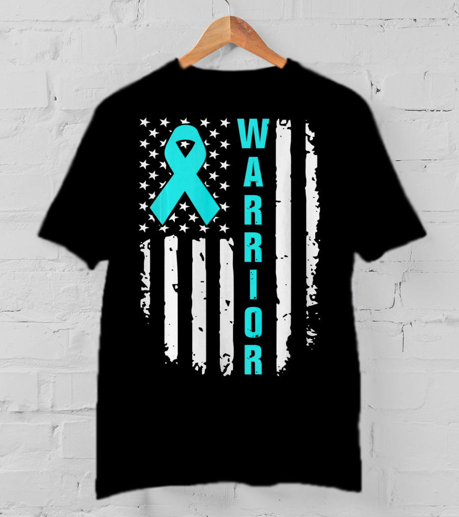 Warrior Teal Ribbon American Flag Ovarian Cancer T-Shirt