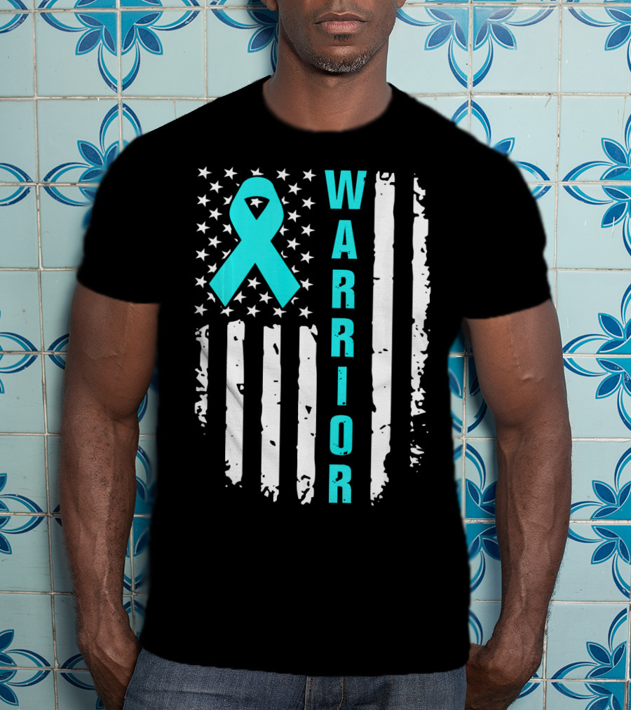Warrior Teal Ribbon American Flag Ovarian Cancer T-Shirt