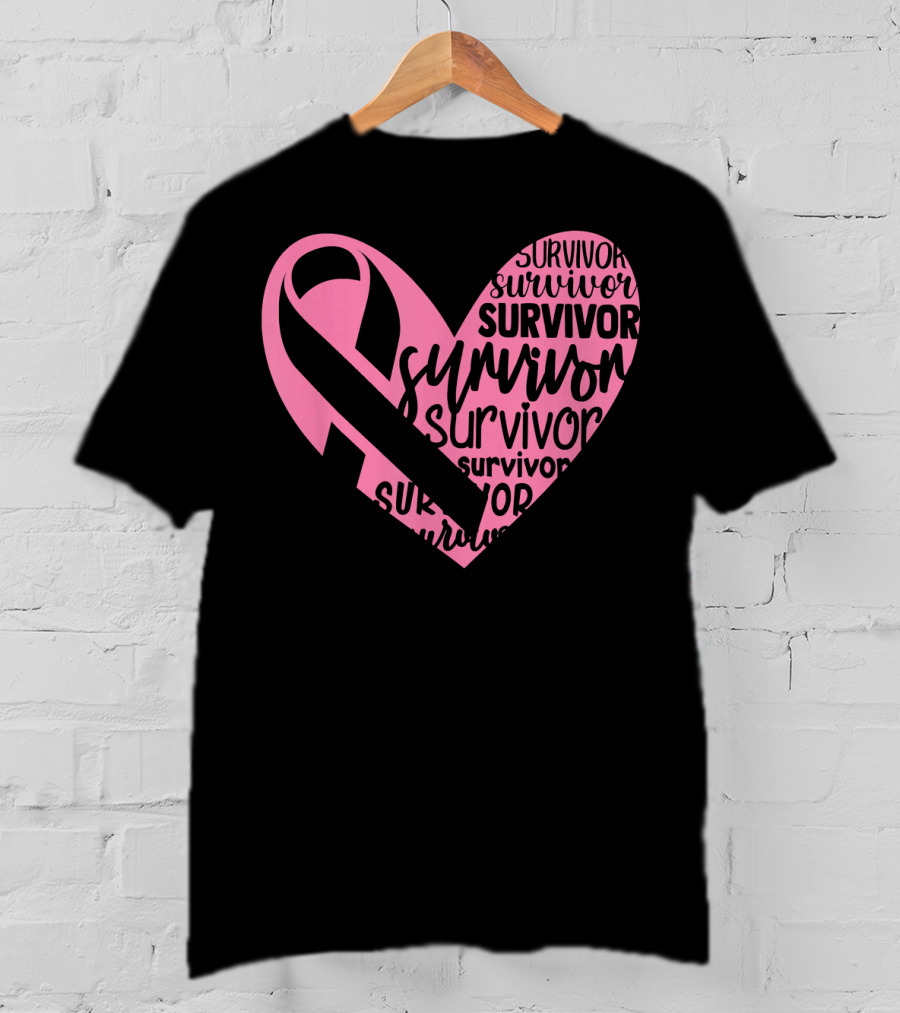 Survivor Pink Ribbon Heart Breast Cancer Pin T-Shirt