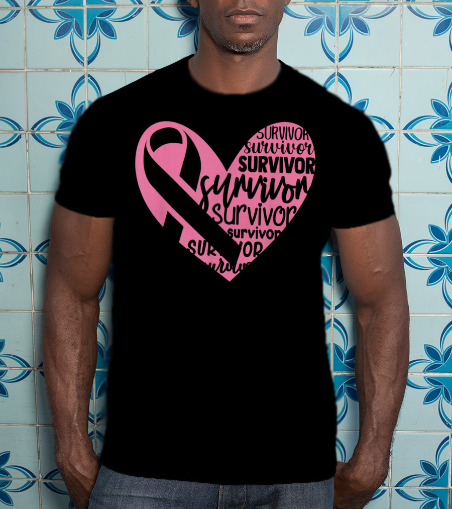 Survivor Pink Ribbon Heart Breast Cancer Pin T-Shirt