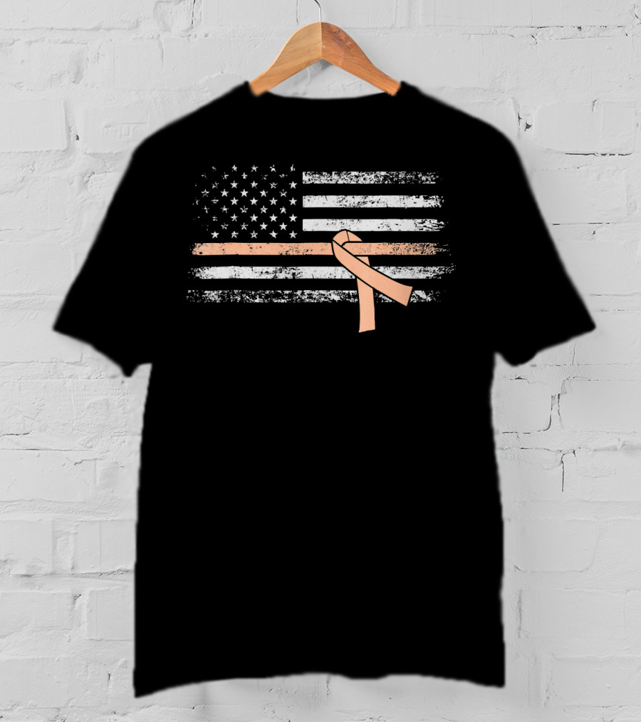 American Flag With Peach Ribbon For Uterine Cancer Awareness T-Shirt