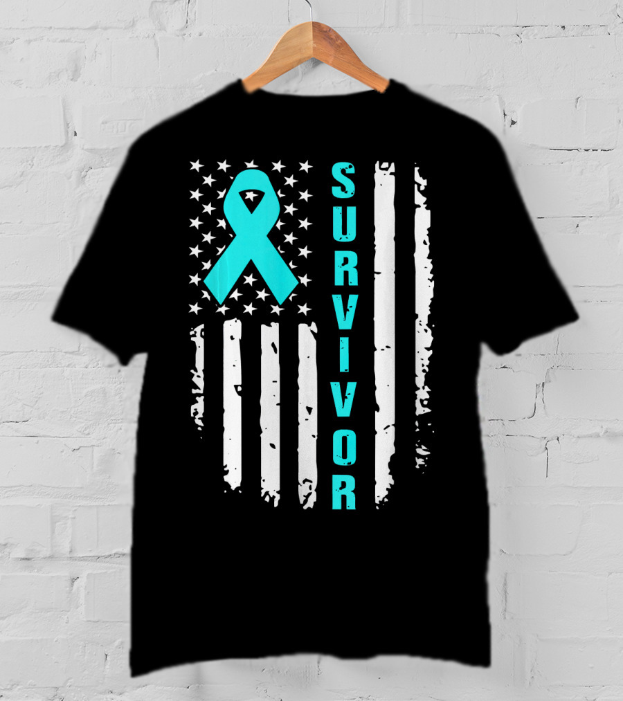 Survivor Ovarian Cancer Awareness American Flag T-Shirt