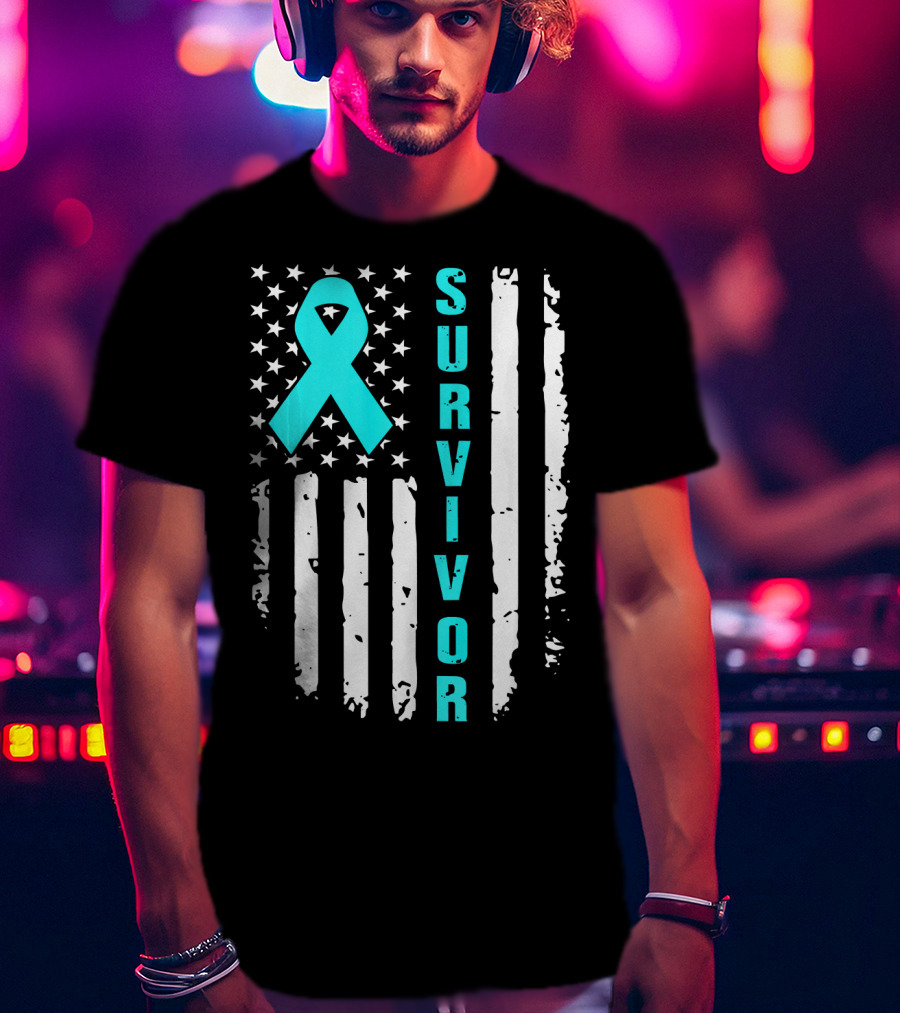 Survivor Ovarian Cancer Awareness American Flag T-Shirt
