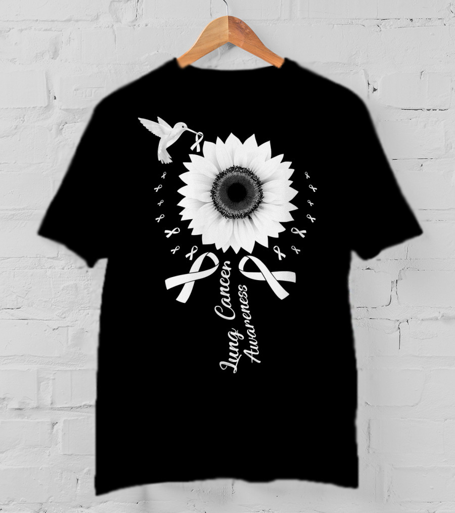 Lung Cancer Awareness Hummingbird Sunflower White T-Shirt